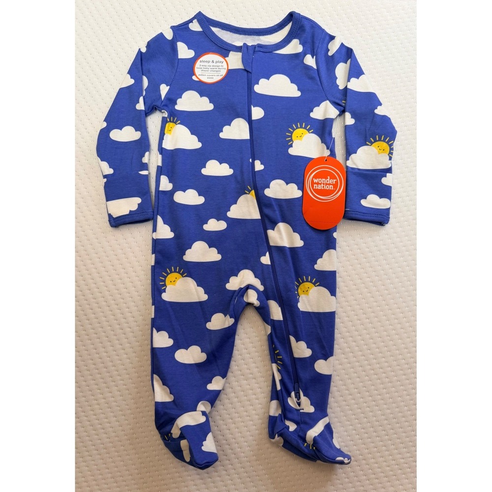 Wonder Nation Baby 6-9M Organic Cotton Sleep & Play Cloud Sun Rally Blue Zip Up